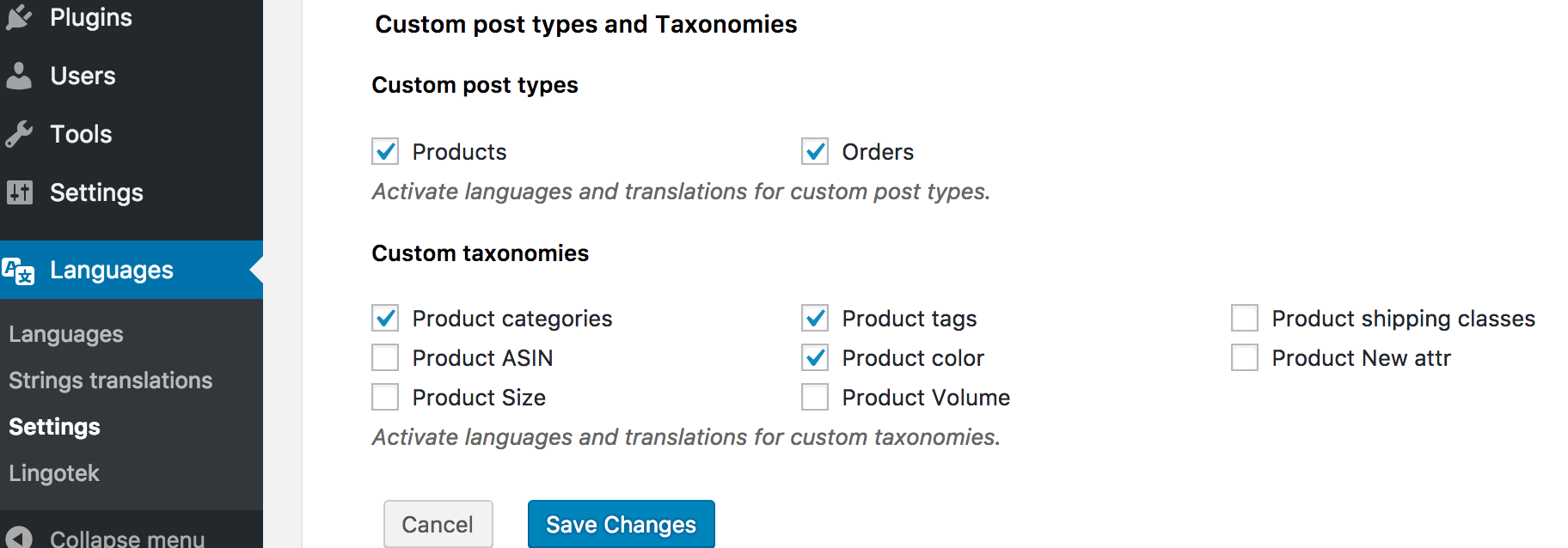 Enable individual attributes for translation in Polylang Languages, Settings, Custom Post Types and Taxonomies