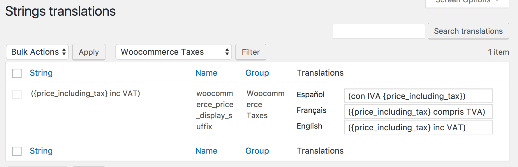 Strings Translations examples for price Tax display